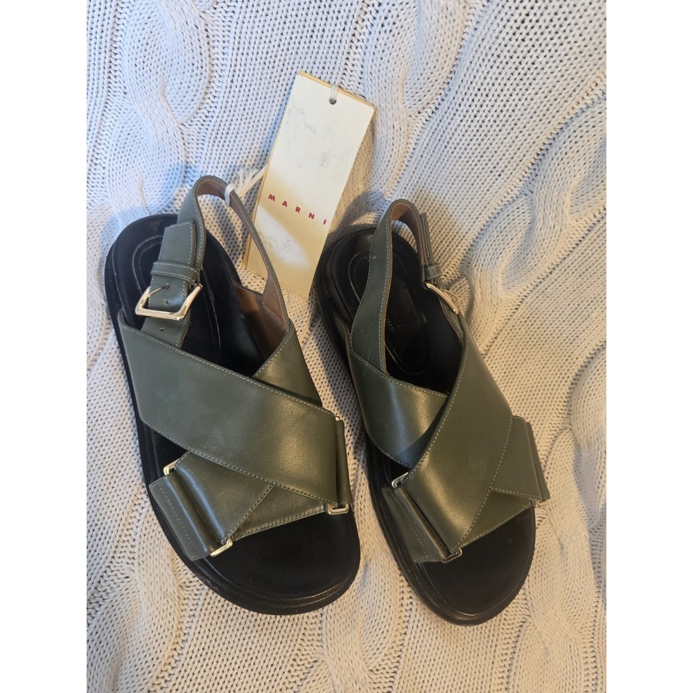 Marni Fussbett Leather Cross Strap Sandals Olive Green EU 35 US‎ 5 New Italy